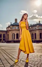 Vestido color amarillo mostaza, tendencia moda 2023.